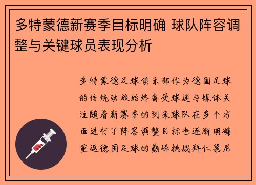 多特蒙德新赛季目标明确 球队阵容调整与关键球员表现分析