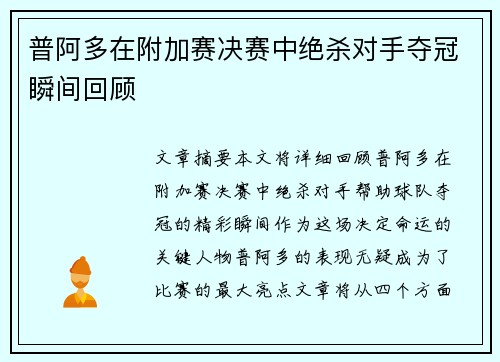 普阿多在附加赛决赛中绝杀对手夺冠瞬间回顾